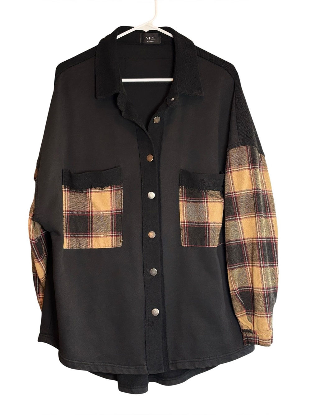 VICI Black Plaid Mixed Media Oversized Shacket Shirt Jacket Size Medium - Picture 2 of 12